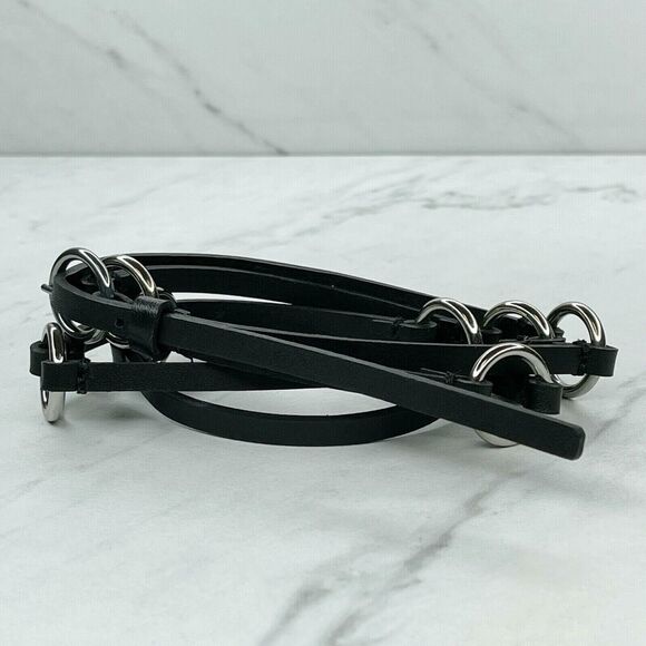 Black Skinny Faux Leather Circle Concho Belt Silver Hardware Large (L) ✨ - Picture 3 of 9